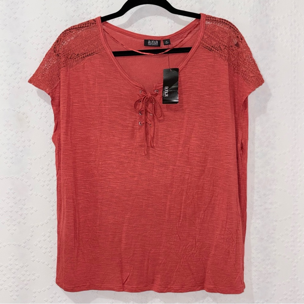 ANA Lace Shoulder Lace Up Top Coral Short Sleeve Blouse Womens XL New Tags